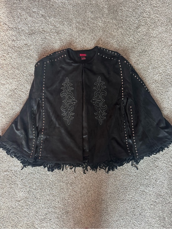 Rock & Roll Denim Jackets & Blazers - Roach and Roll Denim Black Studded Fringe Cape Coat